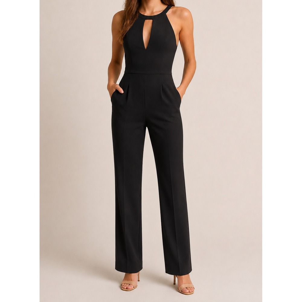 BCBGMaxAzria Cocktail Jumpsuit Black Crepe Straight Leg Keyhole Open Back Sz 6